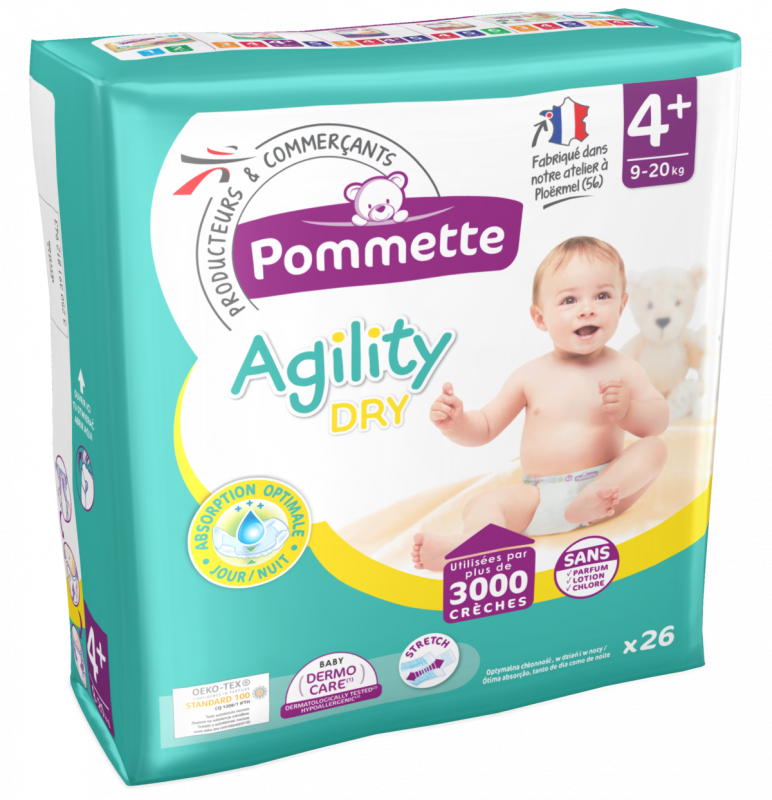 Couches Pommette Agility dry T4+ 9/20 kg 192 couches équipe ta crèche